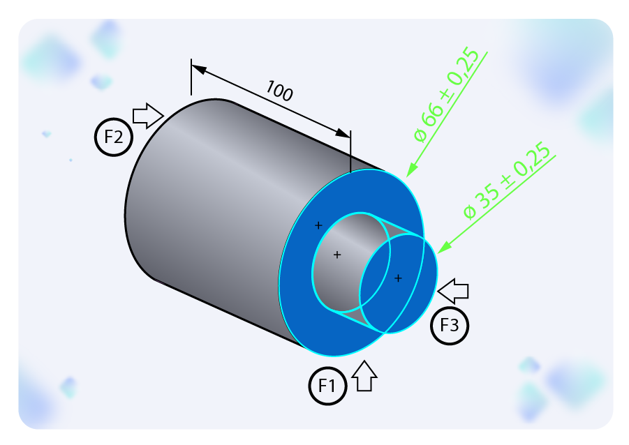 L'image montre une pièce cylindrique longue avec 3 faces identifiées en bleu pour l'usinage sur l'une de ses extrémités.